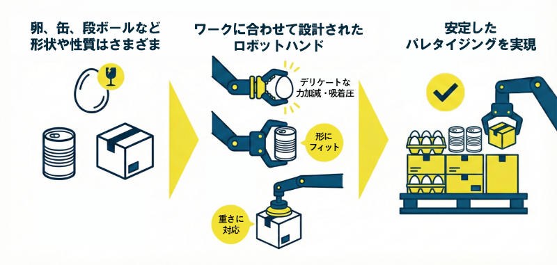 ワークに合わせて設計されたロボットハンドで、安定したパレタイジングを実現