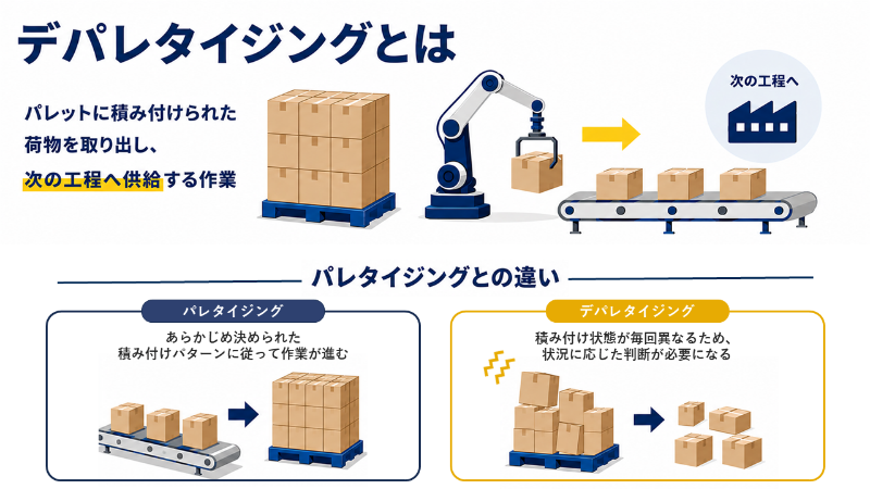 デパレタイジングとは_パレットに積み付けられた荷物を取り出し、次の工程へ供給する作業