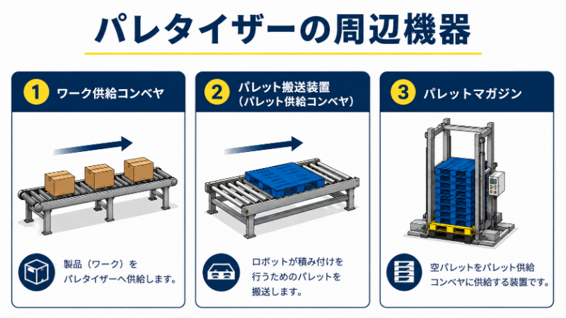 パレタイザーの周辺機器_ワーク供給コンベヤ・パレット搬送装置・パレットマガジン