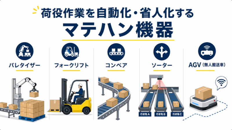 荷役作業を自動化・省人化するマテハン機器_パレタイザー、フォークリフト、コンベア、ソーター、AGV(無人搬送車)
